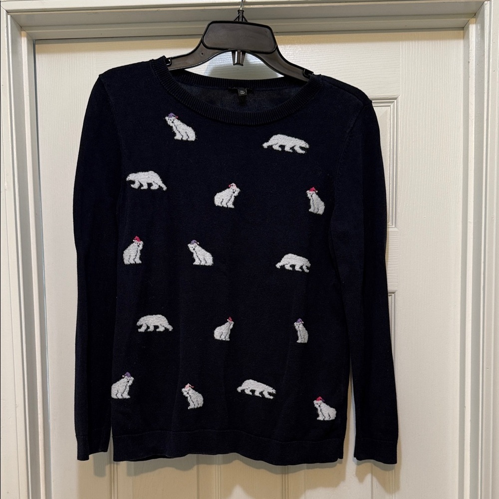 Talbots Petite Polar Bear Sweater MP Navy Crewneck Long Sleeve